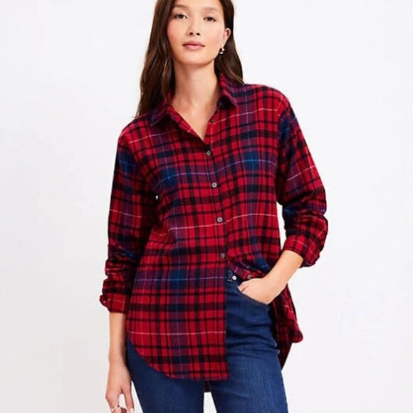 Women loft smart casual plaid red button down shirt sz L - Picture 2 of 7